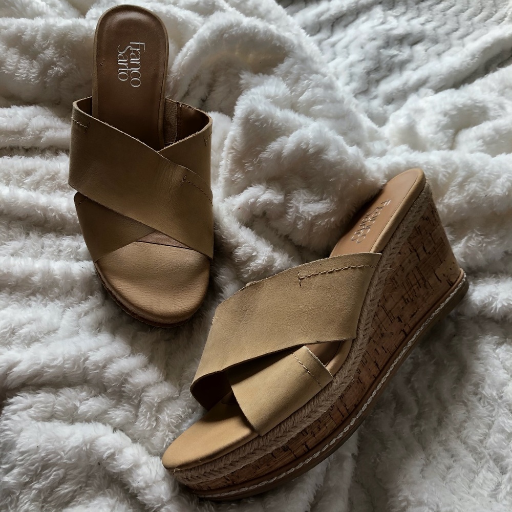 Franco Sarto Tan Leather Sandal Wedges, Size 9M - Picture 2 of 8